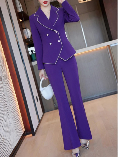 „Yitimuceng“ kostiumai moterims korėjietiško stiliaus madingi kostiumai su dviguba krūtine apykakle Elegantiški švarkai su aukštu liemeniu „Bell Bottom“ kelnių kostiumai