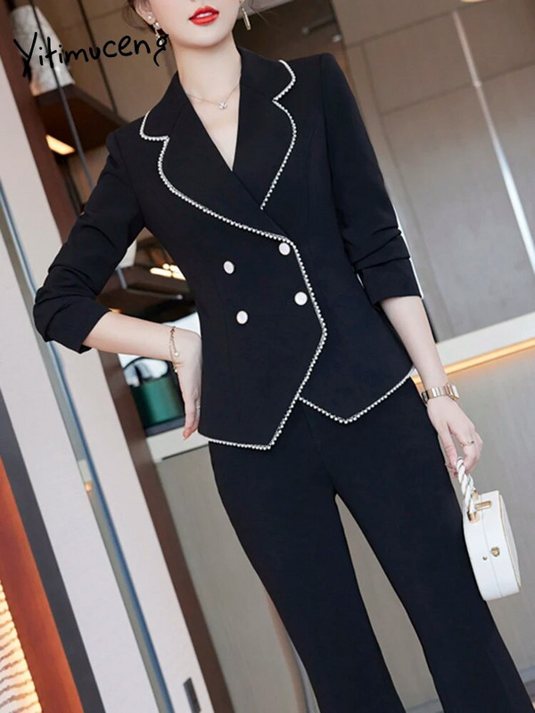 „Yitimuceng“ kostiumai moterims korėjietiško stiliaus madingi kostiumai su dviguba krūtine apykakle Elegantiški švarkai su aukštu liemeniu „Bell Bottom“ kelnių kostiumai