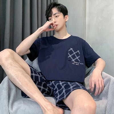 Vyriški pižamos trumpomis rankovėmis šortai Medvilniniai languoti O formos miegmaišiai Vyriški vasariniai namų drabužiai Big Yards L-4XL Jaunų vyriškų namų drabužių rinkinys