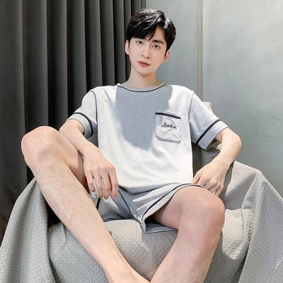 Vyriški pižamos trumpomis rankovėmis šortai Medvilniniai languoti O formos miegmaišiai Vyriški vasariniai namų drabužiai Big Yards L-4XL Jaunų vyriškų namų drabužių rinkinys