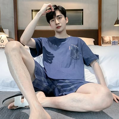Vyriški pižamos trumpomis rankovėmis šortai Medvilniniai languoti O formos miegmaišiai Vyriški vasariniai namų drabužiai Big Yards L-4XL Jaunų vyriškų namų drabužių rinkinys