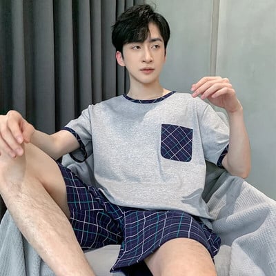 Vyriški pižamos trumpomis rankovėmis šortai Medvilniniai languoti O formos miegmaišiai Vyriški vasariniai namų drabužiai Big Yards L-4XL Jaunų vyriškų namų drabužių rinkinys