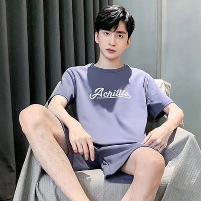 Vyriški pižamos trumpomis rankovėmis šortai Medvilniniai languoti O formos miegmaišiai Vyriški vasariniai namų drabužiai Big Yards L-4XL Jaunų vyriškų namų drabužių rinkinys