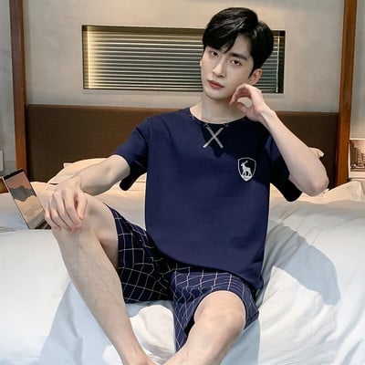 Vyriški pižamos trumpomis rankovėmis šortai Medvilniniai languoti O formos miegmaišiai Vyriški vasariniai namų drabužiai Big Yards L-4XL Jaunų vyriškų namų drabužių rinkinys