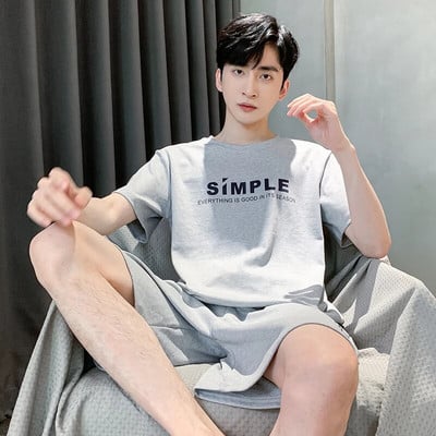 Vyriški pižamos trumpomis rankovėmis šortai Medvilniniai languoti O formos miegmaišiai Vyriški vasariniai namų drabužiai Big Yards L-4XL Jaunų vyriškų namų drabužių rinkinys