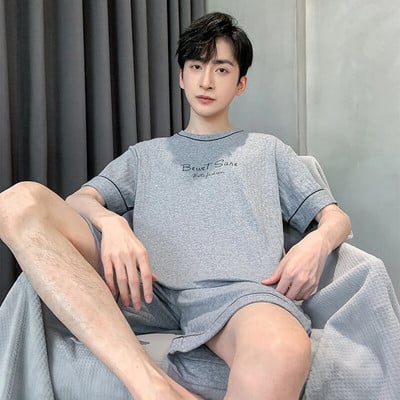 Vyriški pižamos trumpomis rankovėmis šortai Medvilniniai languoti O formos miegmaišiai Vyriški vasariniai namų drabužiai Big Yards L-4XL Jaunų vyriškų namų drabužių rinkinys