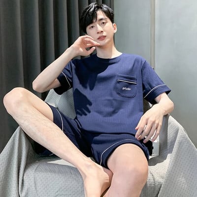 Vyriški pižamos trumpomis rankovėmis šortai Medvilniniai languoti O formos miegmaišiai Vyriški vasariniai namų drabužiai Big Yards L-4XL Jaunų vyriškų namų drabužių rinkinys