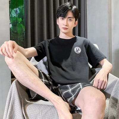 Vyriški pižamos trumpomis rankovėmis šortai Medvilniniai languoti O formos miegmaišiai Vyriški vasariniai namų drabužiai Big Yards L-4XL Jaunų vyriškų namų drabužių rinkinys