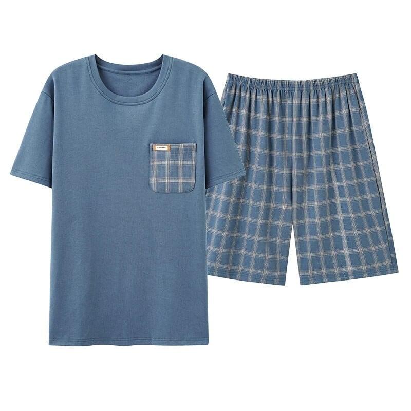 Vyriški pižamos trumpomis rankovėmis šortai Medvilniniai languoti O formos miegmaišiai Vyriški vasariniai namų drabužiai Big Yards L-4XL Jaunų vyriškų namų drabužių rinkinys