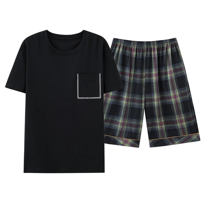 Vyriški pižamos trumpomis rankovėmis šortai Medvilniniai languoti O formos miegmaišiai Vyriški vasariniai namų drabužiai Big Yards L-4XL Jaunų vyriškų namų drabužių rinkinys