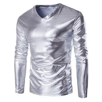 Μόδα ανδρική γυαλιστερή μακρυμάνικη μπλούζα μπλούζα με μακρυμάνικη μπλούζα με λεπτή εφαρμογή V λαιμόκοψη Μπλούζα νυχτερινής διασκέδασης Μακρυμάνικο μπλουζάκι για άνδρες