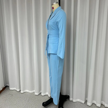 LIYONG Γυναικείο κοστούμι φθινοπωρινό απλό γραφείο μόδας μασίφ πέτο Μακρυμάνικο μακρυμάνικο στη μέση Lace Up Blazer Top Loose Slit Παντελόνι
