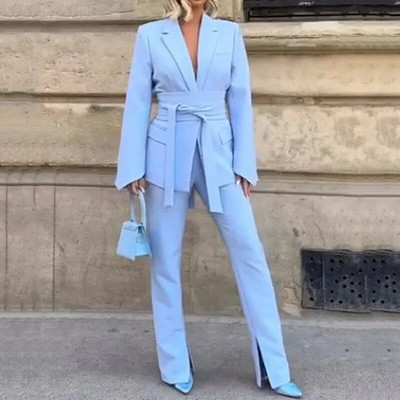 LIYONG žensko odijelo Jesen, jednostavna uredska moda, jednobojni, rever, dugi rukavi, sako u struku, blejzer na vezanje, top široki komplet hlača s prorezima