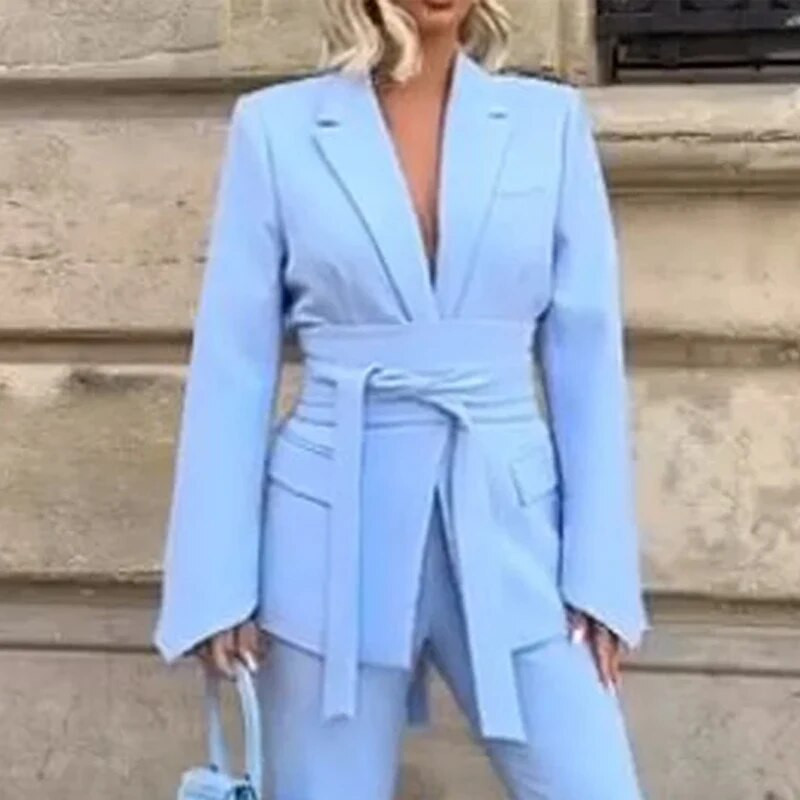 LIYONG žensko odijelo Jesen, jednostavna uredska moda, jednobojni, rever, dugi rukavi, sako u struku, blejzer na vezanje, top široki komplet hlača s prorezima