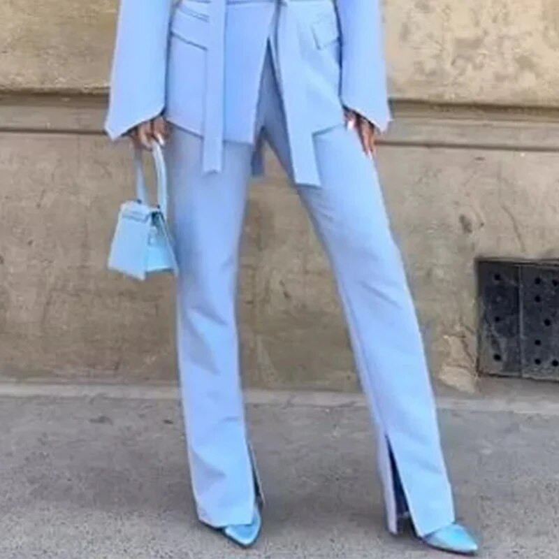 LIYONG žensko odijelo Jesen, jednostavna uredska moda, jednobojni, rever, dugi rukavi, sako u struku, blejzer na vezanje, top široki komplet hlača s prorezima