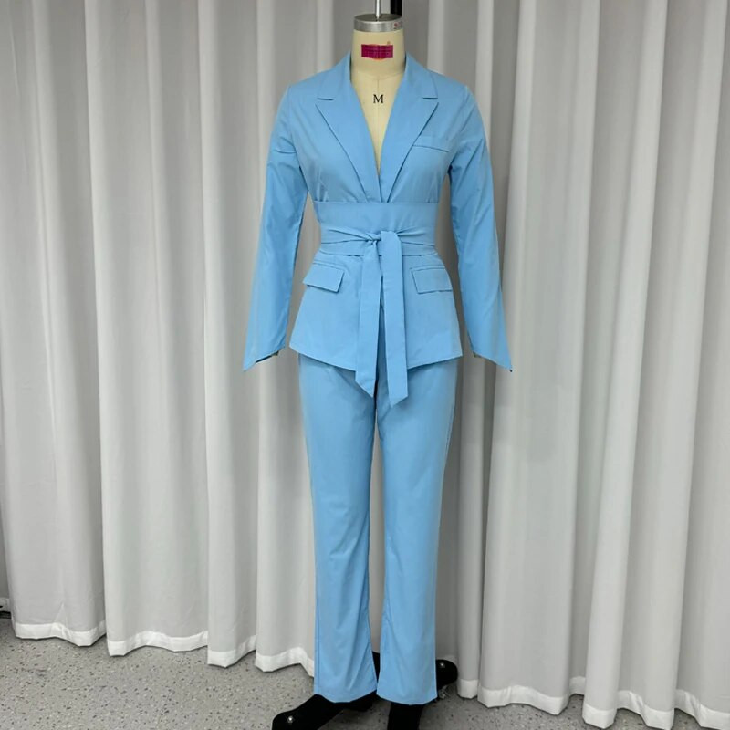 LIYONG žensko odijelo Jesen, jednostavna uredska moda, jednobojni, rever, dugi rukavi, sako u struku, blejzer na vezanje, top široki komplet hlača s prorezima