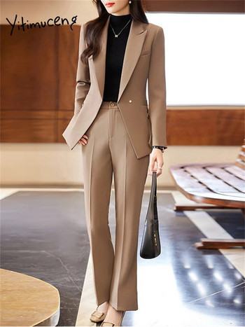 Yitimuceng Едноцветни дамски костюми Офис комплекти 2023 Нова мода Тесни блейзъри с дълъг ръкав с назъбени ретро костюми с кльощави панталони с висока талия