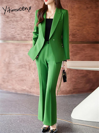 Yitimuceng Едноцветни дамски костюми Офис комплекти 2023 Нова мода Тесни блейзъри с дълъг ръкав с назъбени ретро костюми с кльощави панталони с висока талия