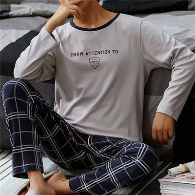 Toamnă Iarnă Pijamale bărbați din bumbac Lenjerie de dormit cu imprimeu cu litere Seturi de pijamale de desene animate Set de pijamale de dormit și lounge, Plus Size 4xl