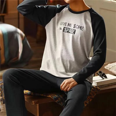 Toamnă Iarnă Pijamale bărbați din bumbac Lenjerie de dormit cu imprimeu cu litere Seturi de pijamale de desene animate Set de pijamale de dormit și lounge, Plus Size 4xl