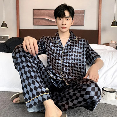 Vyriškas šilko pižamų rinkinys Vasarinis trumpomis rankovėmis laisvalaikio namų aprangos kostiumai Pavasaris Vasara Satininis miegui skirtas pižamų rinkinys berniukui Laisvalaikio šortų komplektas