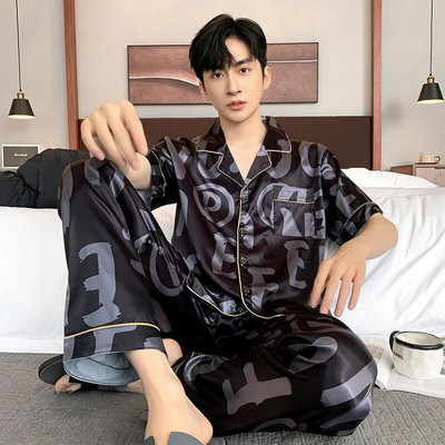 Vyriškas šilko pižamų rinkinys Vasarinis trumpomis rankovėmis laisvalaikio namų aprangos kostiumai Pavasaris Vasara Satininis miegui skirtas pižamų rinkinys berniukui Laisvalaikio šortų komplektas