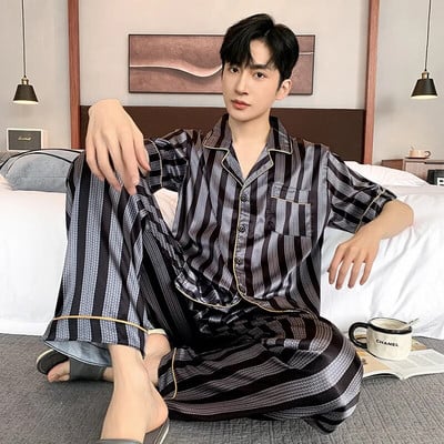 Vyriškas šilko pižamų rinkinys Vasarinis trumpomis rankovėmis laisvalaikio namų aprangos kostiumai Pavasaris Vasara Satininis miegui skirtas pižamų rinkinys berniukui Laisvalaikio šortų komplektas