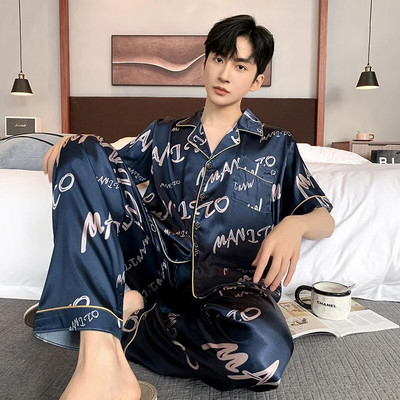 Vyriškas šilko pižamų rinkinys Vasarinis trumpomis rankovėmis laisvalaikio namų aprangos kostiumai Pavasaris Vasara Satininis miegui skirtas pižamų rinkinys berniukui Laisvalaikio šortų komplektas
