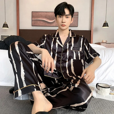 Vyriškas šilko pižamų rinkinys Vasarinis trumpomis rankovėmis laisvalaikio namų aprangos kostiumai Pavasaris Vasara Satininis miegui skirtas pižamų rinkinys berniukui Laisvalaikio šortų komplektas
