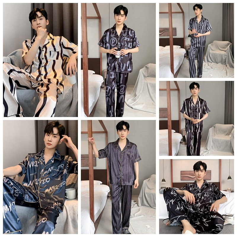 Vyriškas šilko pižamų rinkinys Vasarinis trumpomis rankovėmis laisvalaikio namų aprangos kostiumai Pavasaris Vasara Satininis miegui skirtas pižamų rinkinys berniukui Laisvalaikio šortų komplektas