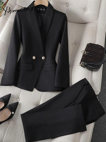 Yitimuceng Σετ Γυναικεία Κοστούμια Γραφείου Νέο Γυναικείο κοστούμι με διπλό στήθος γιακά Κομψό μακρυμάνικο σακάκι + κλασικό μασίφ κοστούμι παντελόνι