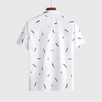 Ανδρικό πουκάμισο καλοκαιρινής εκτύπωσης με πούπουλα με κοντό μανίκι Λευκό Casual Beach Χαβάης πουκάμισο για άνδρες Streetwear Camisa Para Hombre