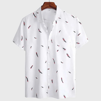 Лятна мъжка риза с принт с пера с къс ръкав, бели ежедневни плажни хавайски ризи за мъже Streetwear Camisa Para Hombre