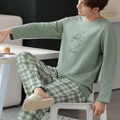 Rudens žiemos vyriškos medvilninės pižamos raidėmis dryžuoti miegmaišiai Animacinių filmų pižamų rinkiniai Kasdieniai miegamojo ir poilsio pižamos Didelio dydžio pižamos