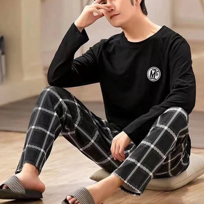 Rudens žiemos vyriškos medvilninės pižamos raidėmis dryžuoti miegmaišiai Animacinių filmų pižamų rinkiniai Kasdieniai miegamojo ir poilsio pižamos Didelio dydžio pižamos