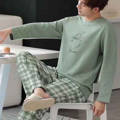 Rudens žiemos vyriškos medvilninės pižamos raidėmis dryžuoti miegmaišiai Animacinių filmų pižamų rinkiniai Kasdieniai miegamojo ir poilsio pižamos Didelio dydžio pižamos