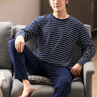 Rudens žiemos vyriškos medvilninės pižamos raidėmis dryžuoti miegmaišiai Animacinių filmų pižamų rinkiniai Kasdieniai miegamojo ir poilsio pižamos Didelio dydžio pižamos