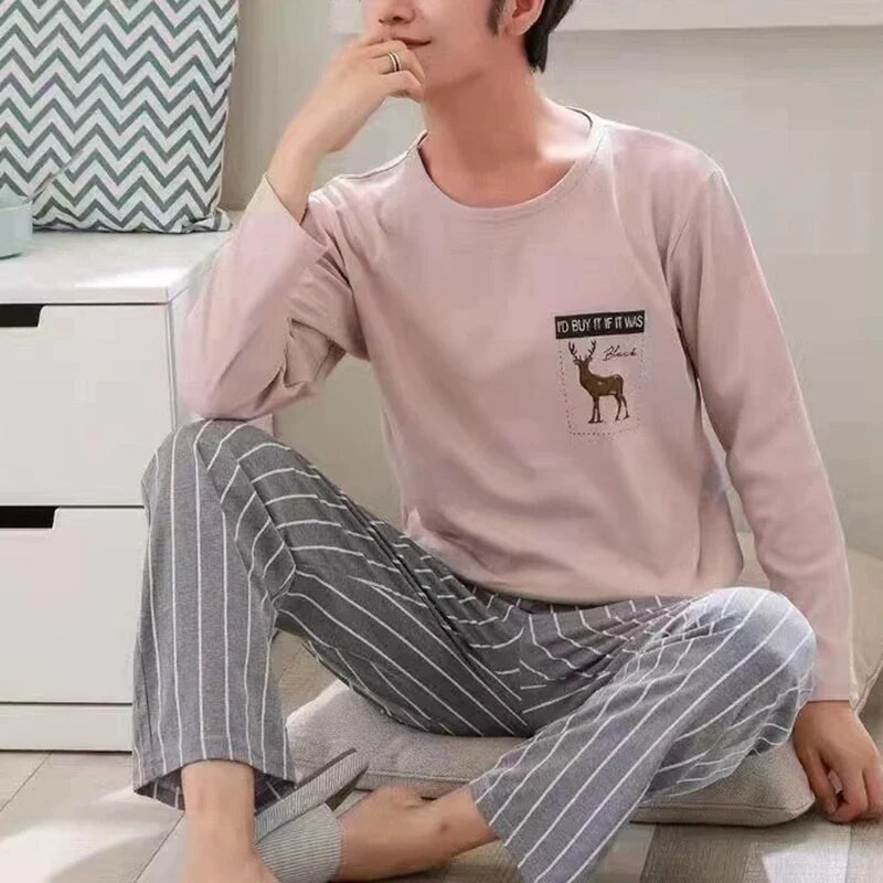 Rudens žiemos vyriškos medvilninės pižamos raidėmis dryžuoti miegmaišiai Animacinių filmų pižamų rinkiniai Kasdieniai miegamojo ir poilsio pižamos Didelio dydžio pižamos