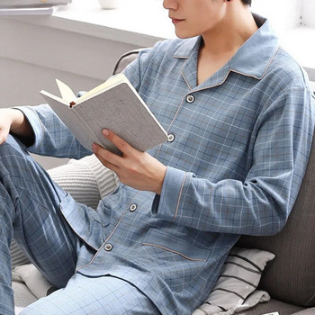 Мъжки комплекти пижами Ежедневно спално облекло с дълъг ръкав, памучен горен панталон, връхни дрехи за свободното време, меко есенно-зимно спално облекло с голям размер 3xl
