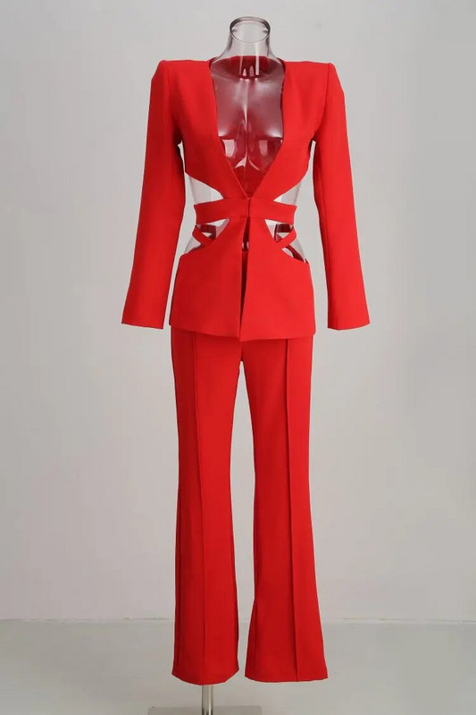 Κόκκινο σέξι γυναικείο κοστούμι σακάκι και παντελόνι με κούφιο σακάκι με V λαιμόκοψη Παντελόνι με φαρδύ πόδι για γιορτινά κοστούμια για club party για γυναίκες