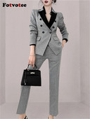 Fotvotee Ženski modni uredski ženski 2023., uski sakoi s dvostrukim kopčanjem, vintage odijela s pentil hlačama visokog struka