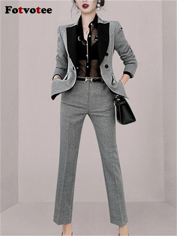 Fotvotee Сглобен комплект костюм Дамски модни офис дамски тънки двуредни блейзъри 2023 г. Реколта Костюми тип молив с висока талия