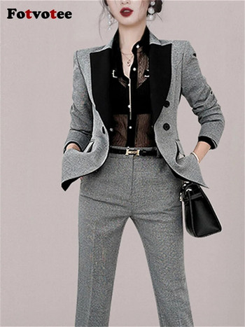 Fotvotee Сглобен комплект костюм Дамски модни офис дамски тънки двуредни блейзъри 2023 г. Реколта Костюми тип молив с висока талия