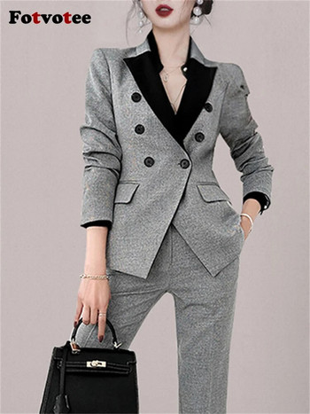 Fotvotee Spliced Suit Set Γυναικεία 2023 Fashion Office Γυναικεία Slim Double Breasted Blazers Vintage Ψηλόμεση Παντελόνια Κοστούμια