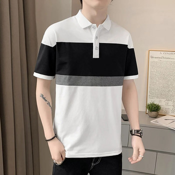 Κορεάτικα μπλουζάκια με ρίγες ματισμένα Ανδρικά ρούχα με αντίθεση χρώματα Κομψά κοντομάνικα καλοκαιρινά ρεβέρ Youthful Vitality πουκάμισα πόλο
