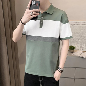 Κορεάτικα μπλουζάκια με ρίγες ματισμένα Ανδρικά ρούχα με αντίθεση χρώματα Κομψά κοντομάνικα καλοκαιρινά ρεβέρ Youthful Vitality πουκάμισα πόλο