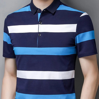 Стилни тениски на райета в контрастни цветове Летни бизнес ежедневни мъжки дрехи с ревери Поло ризи с копчета за пътуване до работното място