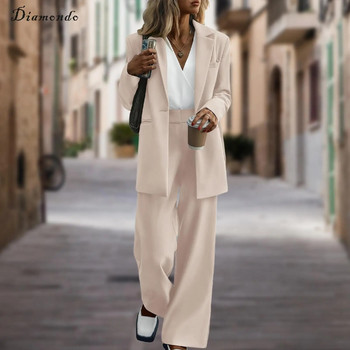 Diamondo Дамски блейзър якета и комплект широки панталони Athflow Style Едноцветен семпъл костюм Якета Подходящ комплект пролет есен