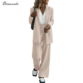 Diamondo Дамски блейзър якета и комплект широки панталони Athflow Style Едноцветен семпъл костюм Якета Подходящ комплект пролет есен