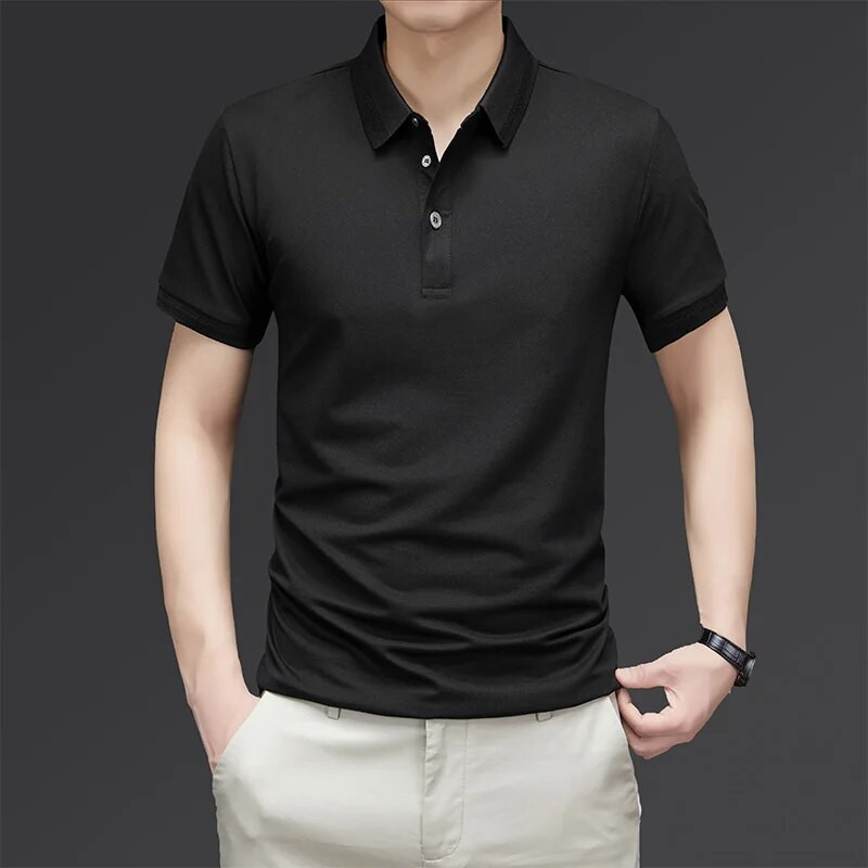 Verslo laisvalaikio marškinėliai trumpomis rankovėmis Pagrindiniai vyriški drabužiai Vienspalviai Vasaros madingi apykaklės mygtukai Ploni polo marškinėliai